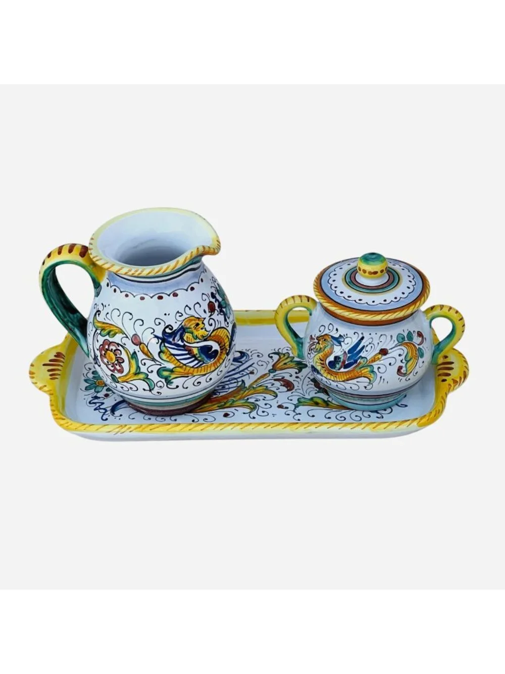 Signed S. Gimignano Hand-Painted Italy Sugar Bowl Creamer Tray Raphaellesco